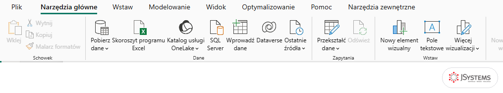 Wstążka Narzędzia główne w Power BI Desktop przy szerokim oknie: grupa Dane z Pobierz dane i grupa Zapytania
