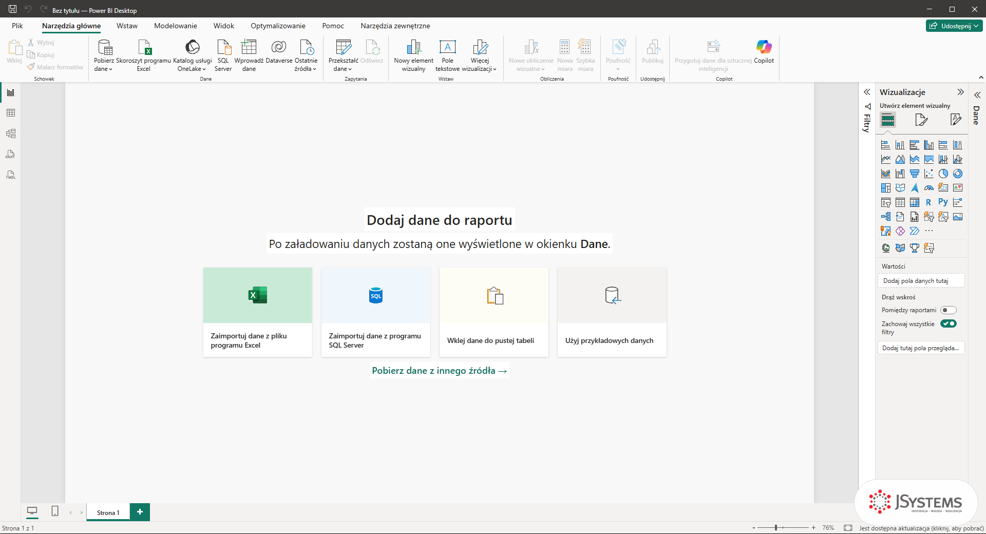 Pusty raport w Power BI Desktop po zamknięciu okna Pobierz dane: karta Dodaj dane do raportu, panel Wizualizacje, Strona 1