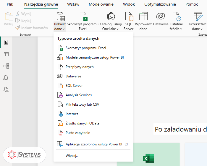 Rozwinięte menu Pobierz dane w Power BI Desktop z listą Typowe źródła danych i pozycją Skoroszyt programu Excel na górze