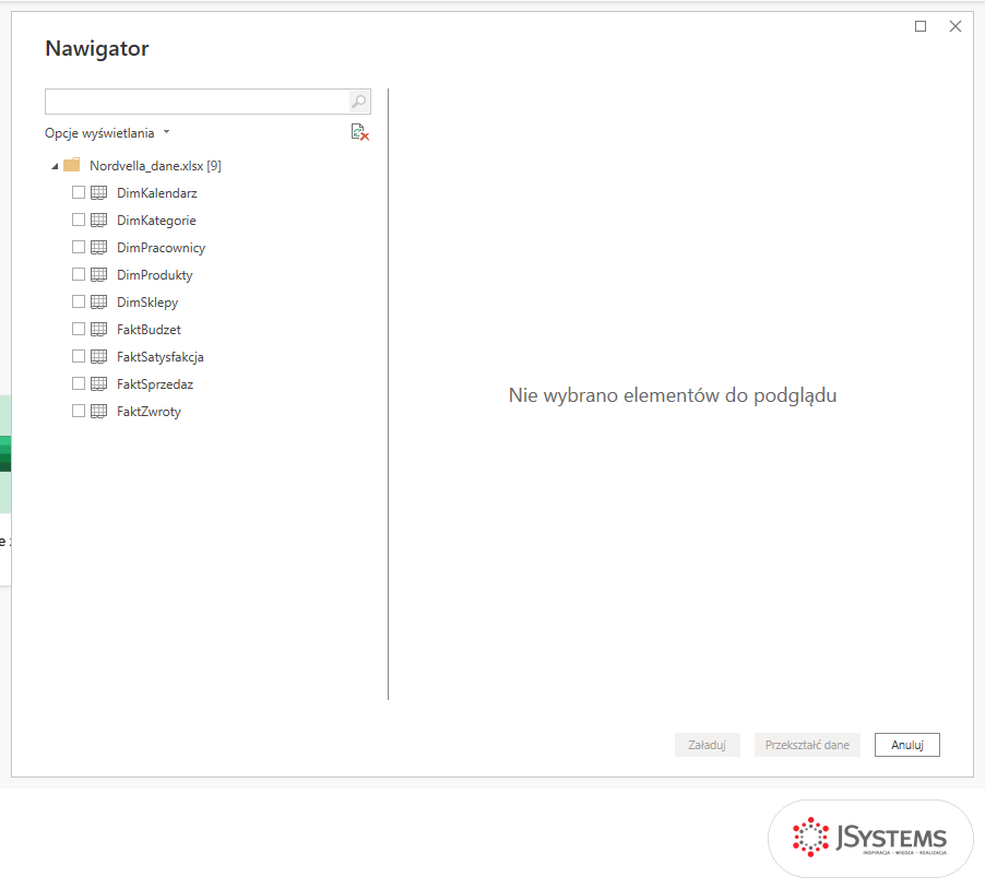 Okno Nawigator w Power BI z dziewięcioma niezaznaczonymi arkuszami pliku Nordvella_dane.xlsx i pustym podglądem