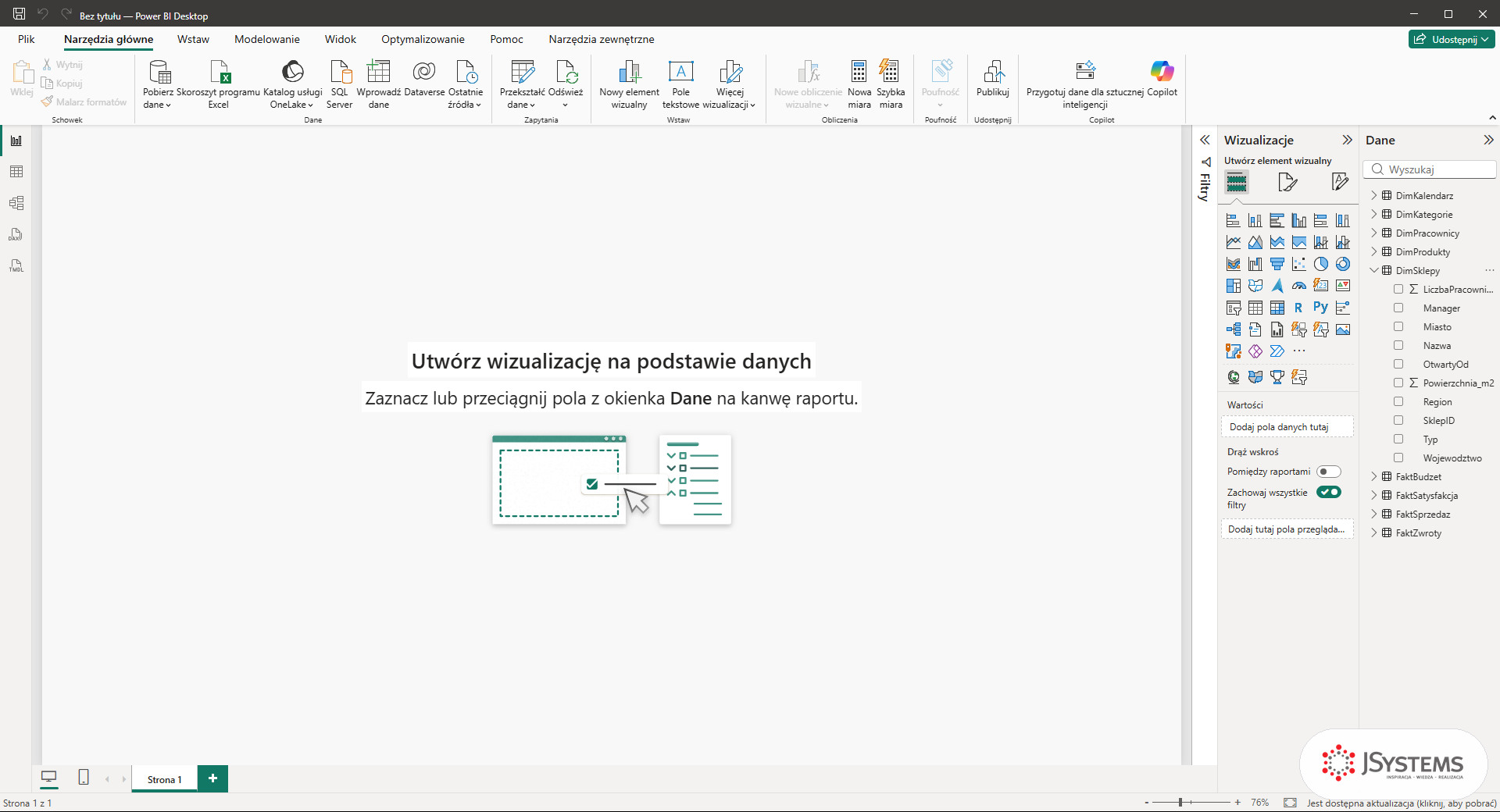Power BI Desktop po imporcie Nordvelli: panel Dane z dziewięcioma tabelami i rozwiniętą tabelą DimSklepy