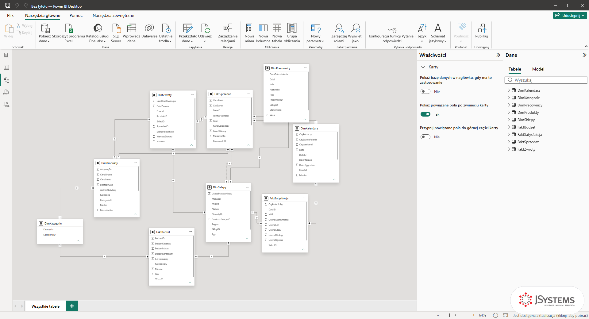 Widok Model w Power BI Desktop po imporcie Nordvelli: dziewięć tabel połączonych automatycznie wykrytymi relacjami