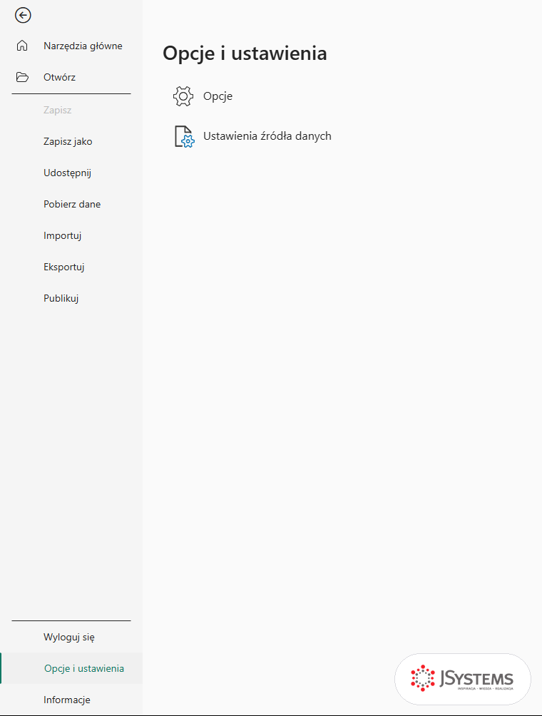 Menu Plik w Power BI Desktop z otwartą sekcją Opcje i ustawienia oraz pozycjami Opcje i Ustawienia źródła danych