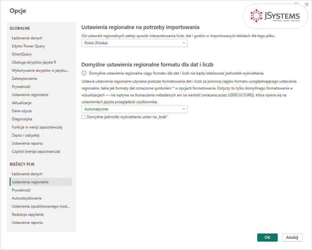 Okno Opcje w Power BI Desktop, sekcja Ustawienia regionalne bieżącego pliku z polem Polski (Polska)