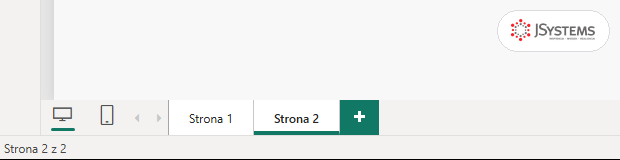 Zakładki Strona 1 i Strona 2 na dole okna Power BI Desktop po kliknięciu plusa, pasek stanu Strona 2 z 2
