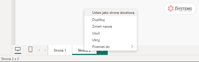 Menu zakładki Strona 2 w Power BI Desktop: Ustaw jako stronę docelową, Duplikuj, Zmień nazwę, Usuń, Ukryj, Przenieś do