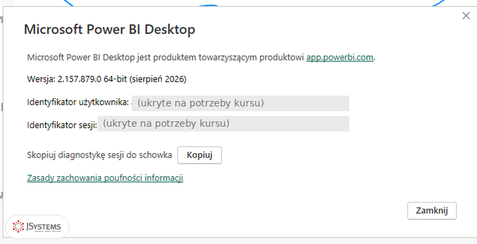 Okno Informacje w Power BI Desktop z numerem wersji 2.157.879.0 i oznaczeniem 64-bit