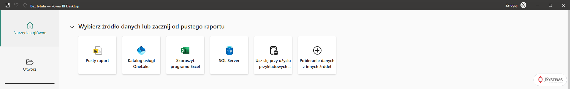 Ekran startowy Power BI Desktop z kaflami wyboru źródła danych, kurs Power BI