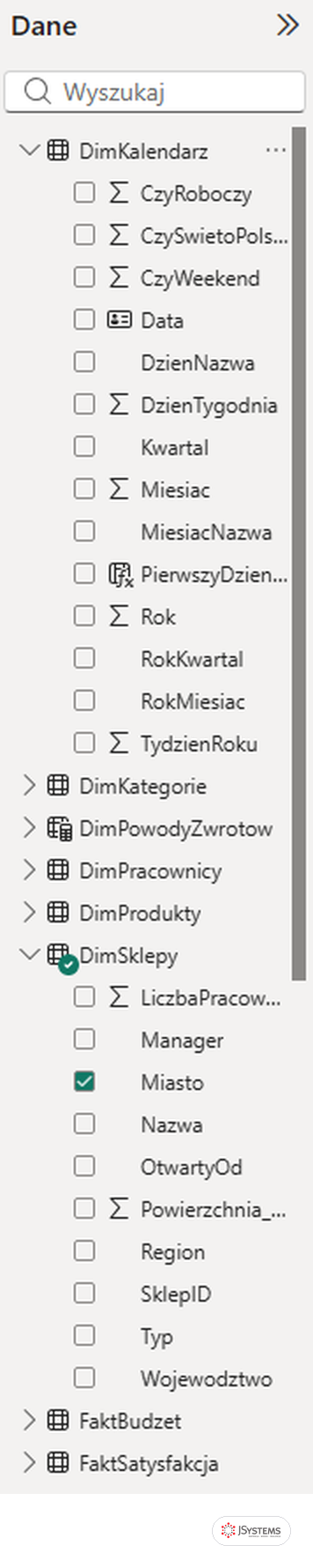 Panel Dane w Power BI Desktop z ikonami kolumn: sigma, data, kolumna obliczeniowa i tekst, kurs Power BI