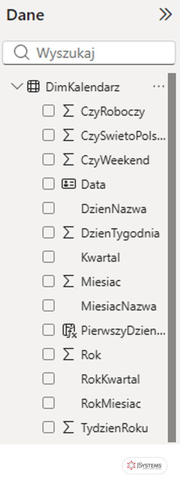 Panel Dane w Power BI Desktop, tabela DimKalendarz: sigma przy kolumnach liczbowych, ikona daty, kolumna obliczeniowa i tekst bez ikony