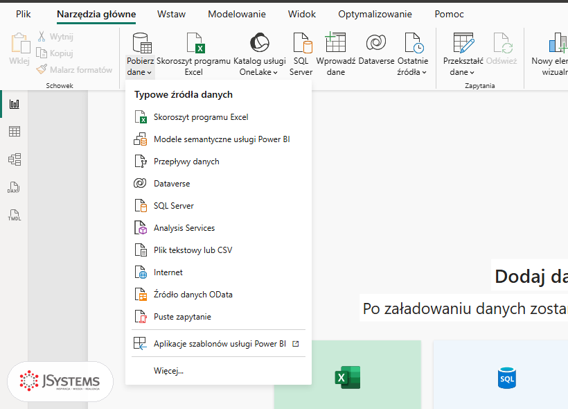 Menu przycisku Pobierz dane w Power BI Desktop z listą typowych źródeł danych