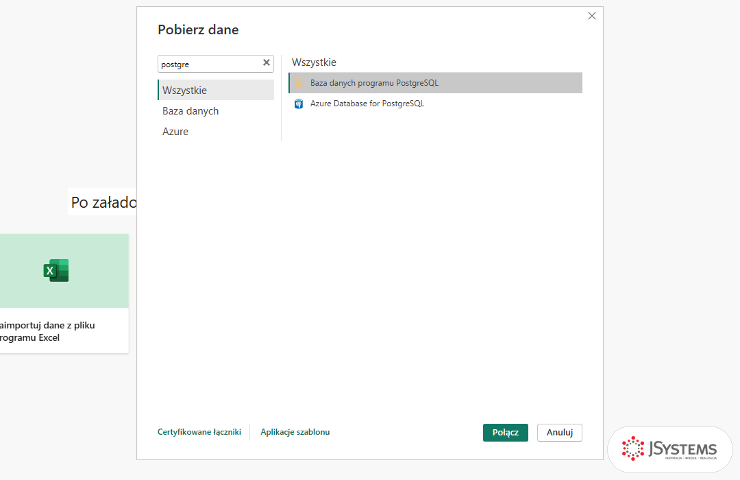 Okno Pobierz dane w Power BI z listą zawężoną do łączników PostgreSQL