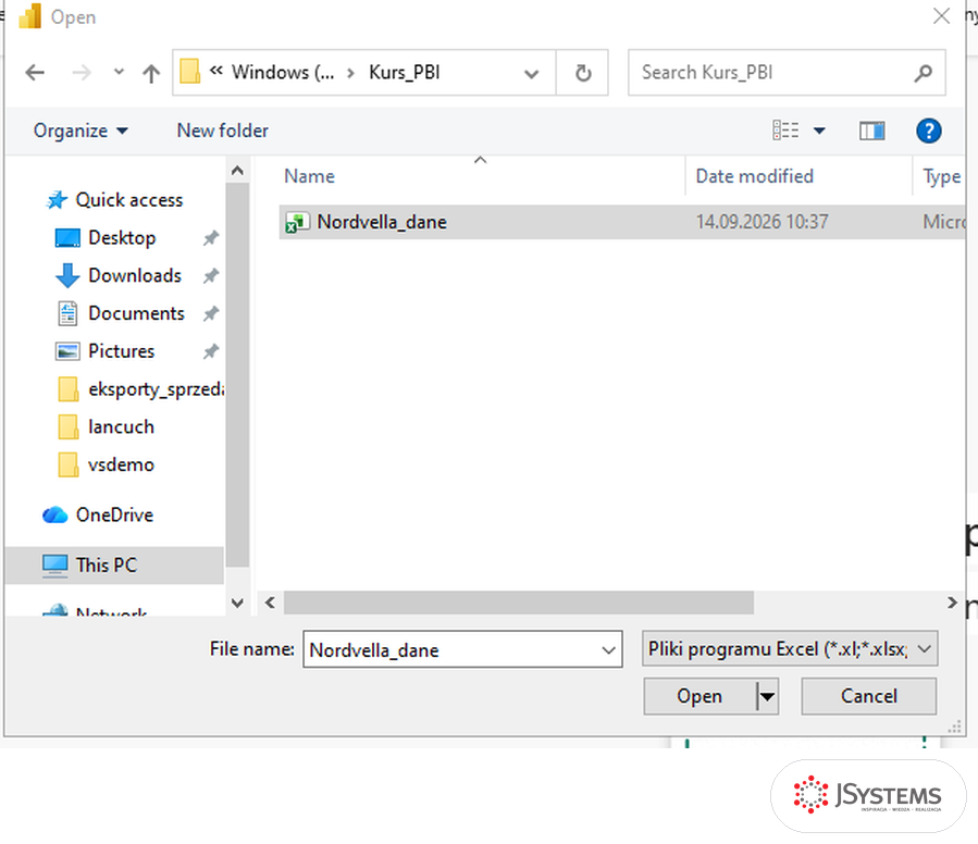 Systemowe okno wyboru pliku z zaznaczonym plikiem Nordvella_dane, kurs Power BI