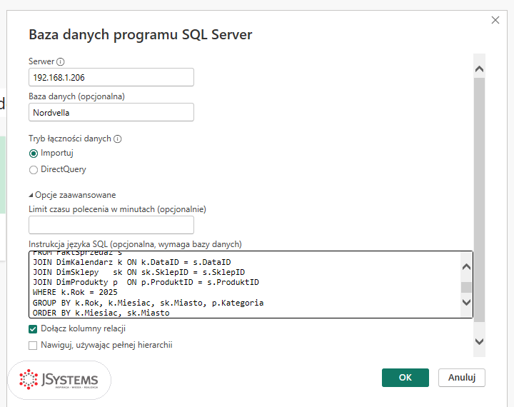 Okno łącznika SQL Server w Power BI z rozwiniętymi opcjami zaawansowanymi i instrukcją SQL