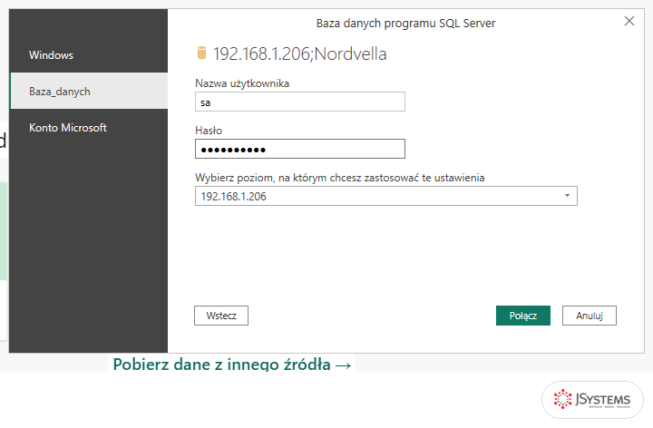 Okno uwierzytelniania SQL Server w Power BI z zakładką bazy danych, loginem i zamaskowanym hasłem