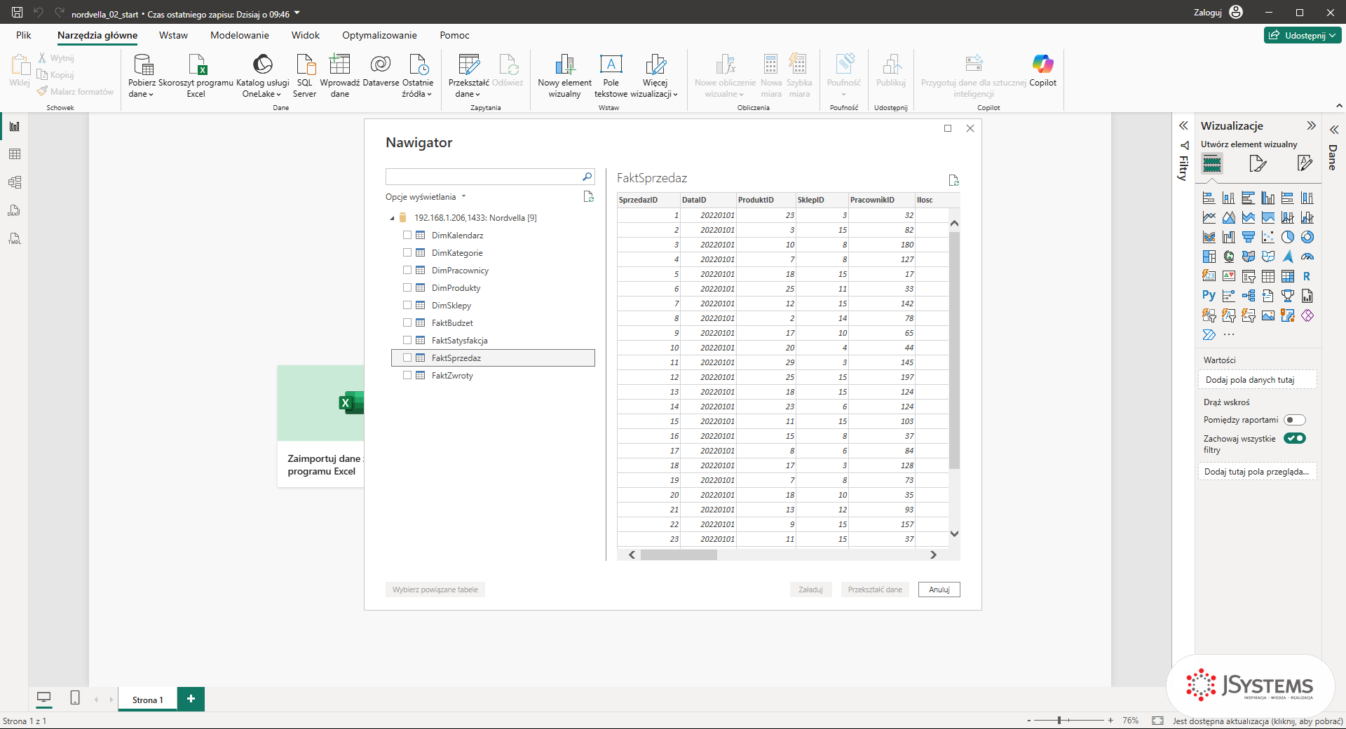 Nawigator Power BI Desktop z dziewięcioma tabelami bazy Nordvella i podglądem FaktSprzedaz, kurs Power BI