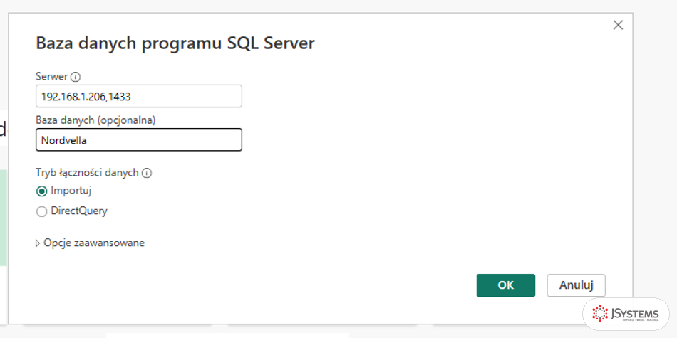 Okno połączenia z SQL Server w Power BI Desktop z wyborem trybu Importuj albo DirectQuery, kurs Power BI