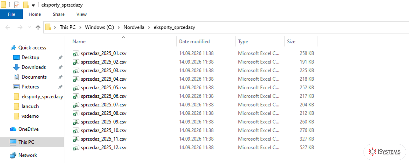 Folder z dwunastoma miesięcznymi plikami CSV sprzedaży Nordvelli za 2025 rok, kurs Power BI