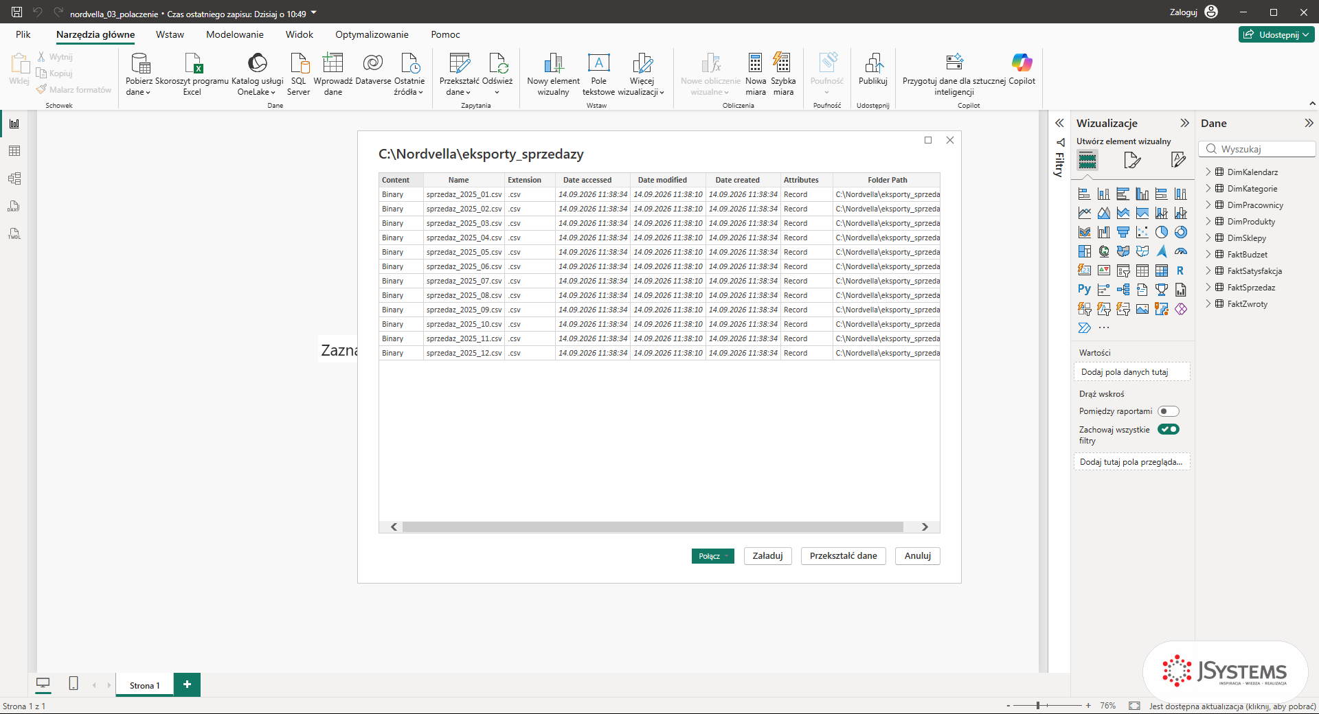 Podgląd folderu z dwunastoma plikami CSV w Power BI Desktop przed połączeniem, kurs Power BI