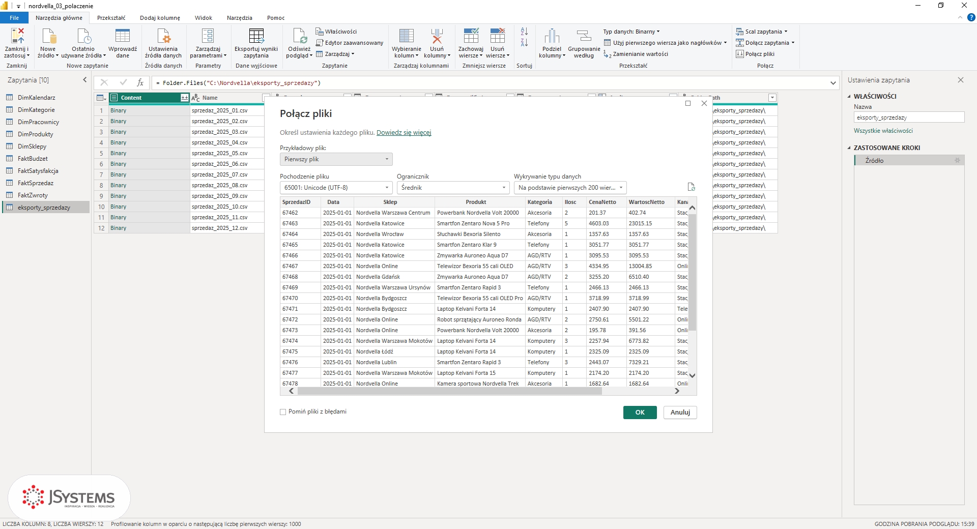 Okno Połącz pliki w edytorze Power Query z wykrytym kodowaniem UTF-8 i separatorem średnik, kurs Power BI