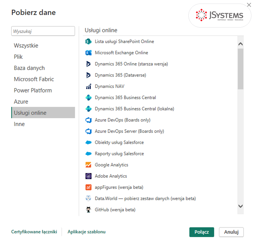 Okno Pobierz dane w Power BI Desktop z kategorią Usługi online i listą łączników, kurs Power BI
