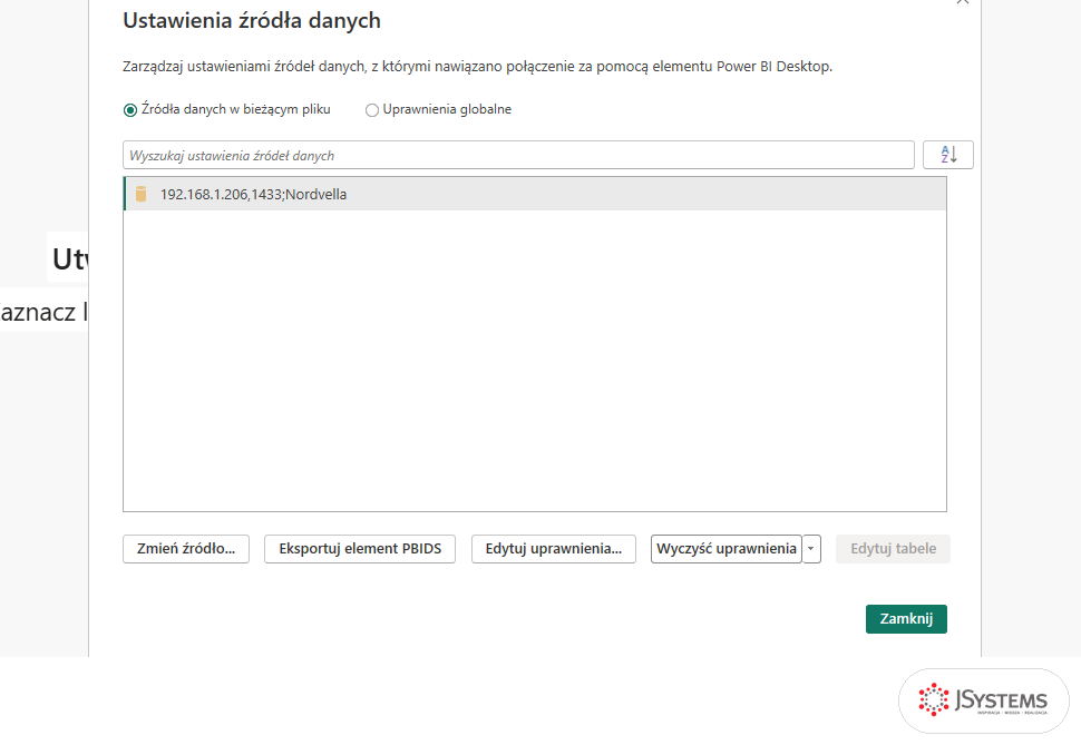 Okno Ustawienia źródła danych w Power BI Desktop z wpisem serwera SQL Nordvelli, kurs Power BI