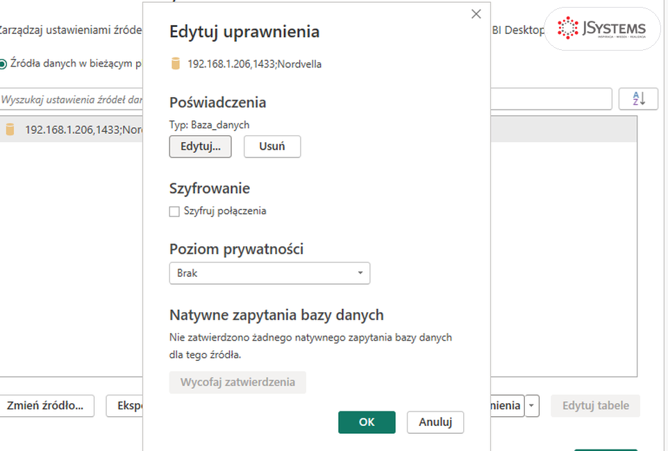 Okno Edytuj uprawnienia w Power BI Desktop z sekcjami Poświadczenia, Szyfrowanie, Poziom prywatności i Natywne zapytania bazy danych, kurs Power BI