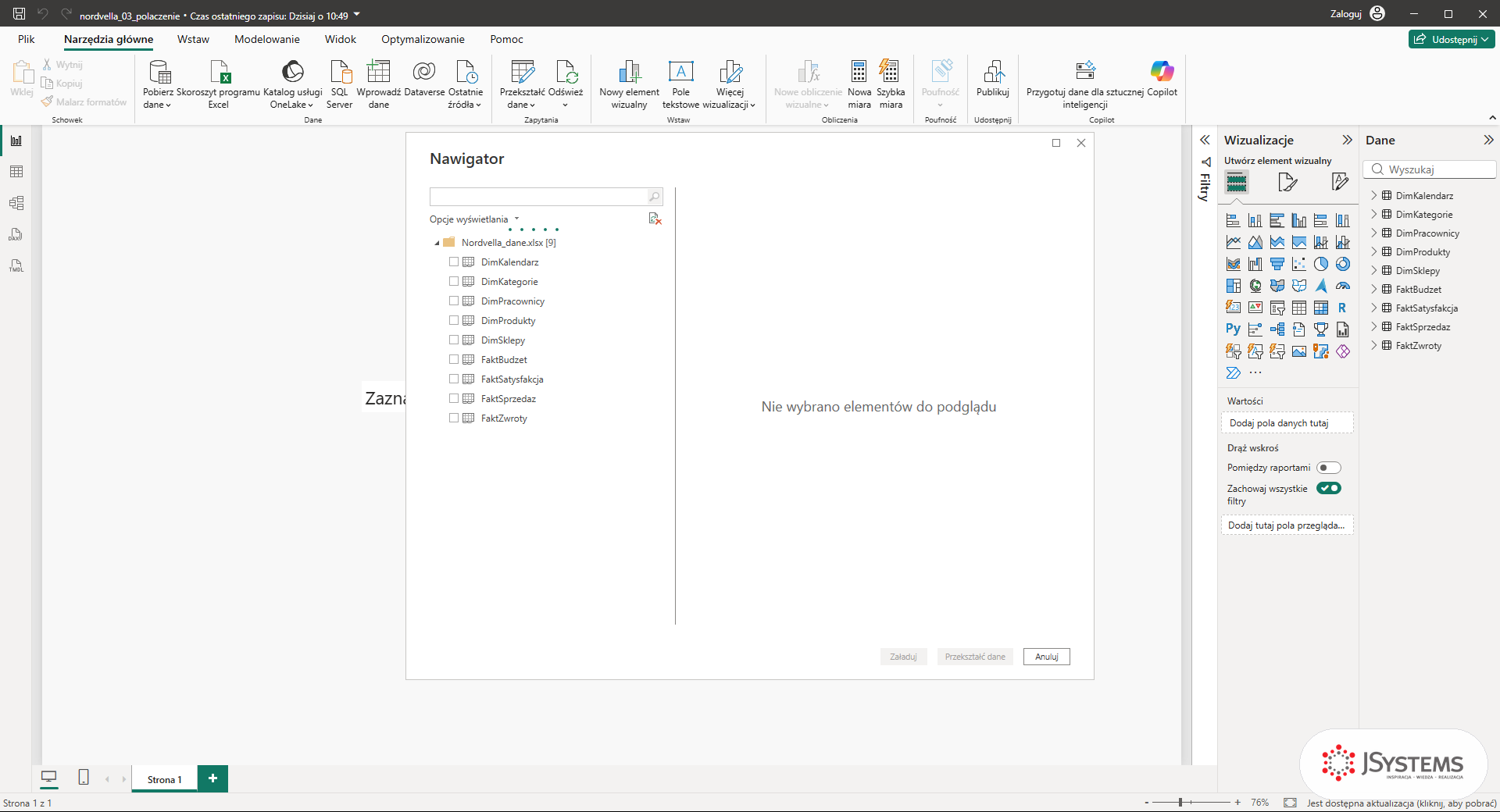 Nawigator Power BI Desktop z dziewięcioma arkuszami pliku Nordvella_dane.xlsx, kurs Power BI