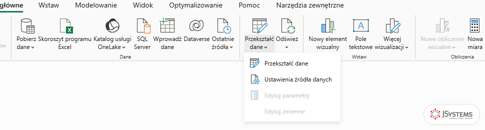 Wstążka Narzędzia główne w Power BI Desktop z rozwiniętym menu przycisku Przekształć dane, wejście do Power Query