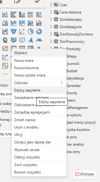 Menu kontekstowe tabeli DimProdukty w panelu Dane Power BI z podświetloną pozycją Edytuj zapytanie