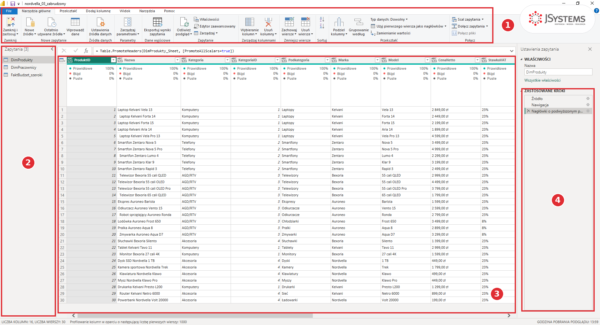 Edytor Power Query na pliku startowym lekcji: zapytanie DimProdukty i cztery obszary, czyli wstążka, Zapytania, podgląd danych i Zastosowane kroki
