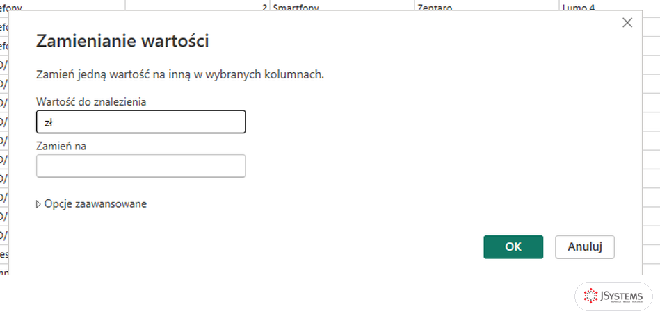 Okno Zamienianie wartości w edytorze Power Query z wpisaną końcówką zł, kurs Power BI