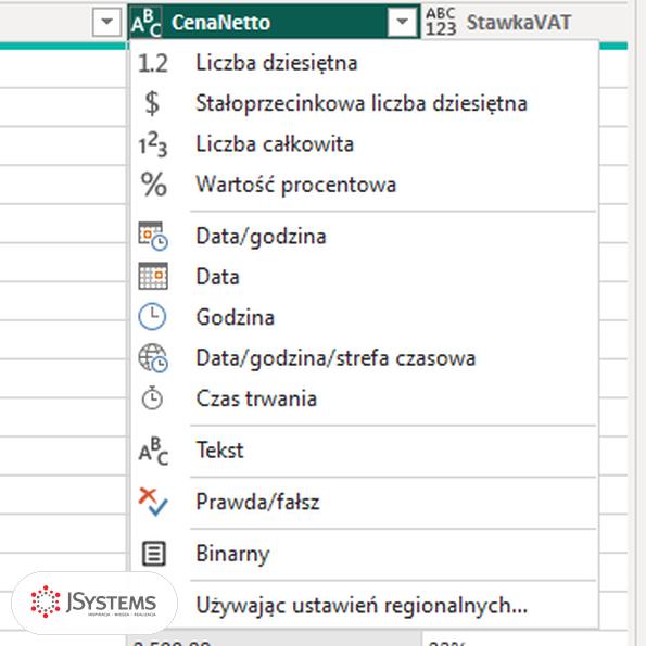 Rozwinięta lista typów danych w nagłówku kolumny CenaNetto w edytorze Power Query, kurs Power BI