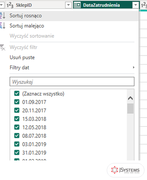 Menu sortowania i filtrowania w nagłówku kolumny DataZatrudnienia w edytorze Power Query, kurs Power BI