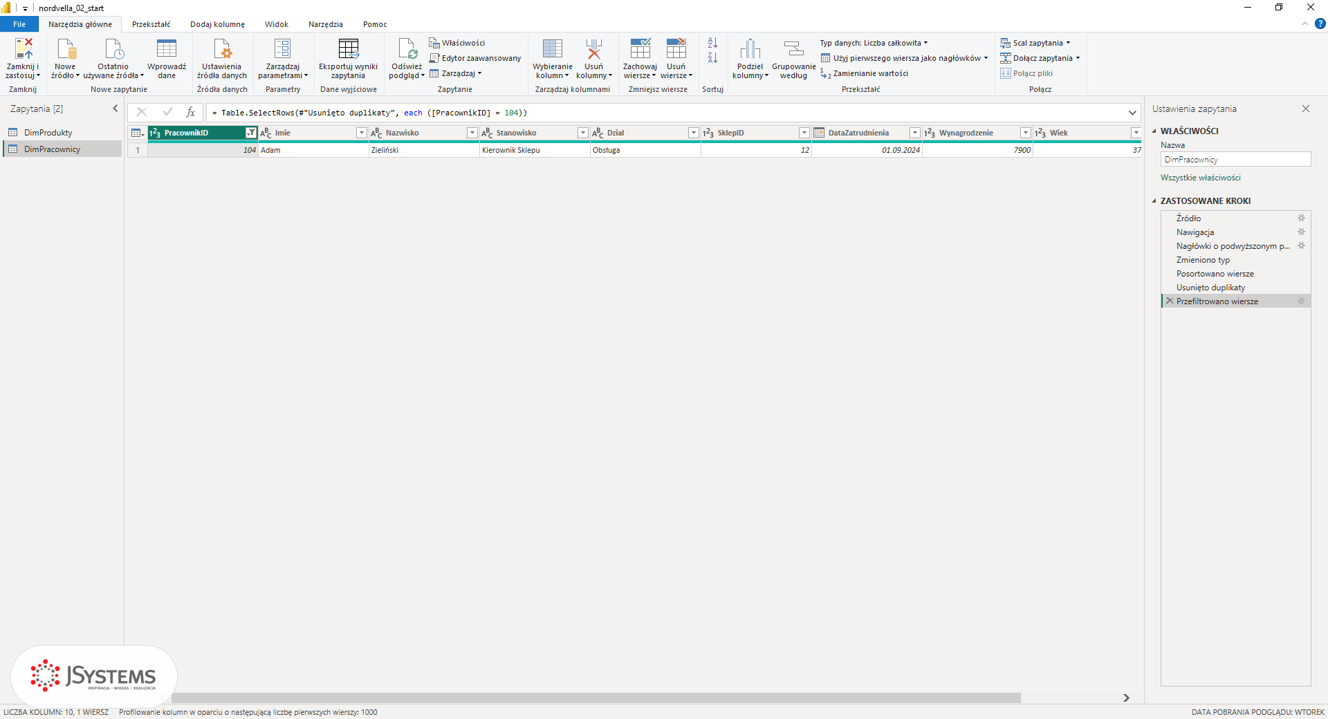 Wynik usunięcia duplikatów z Table.Buffer: został wiersz pracownika po awansie, kurs Power BI