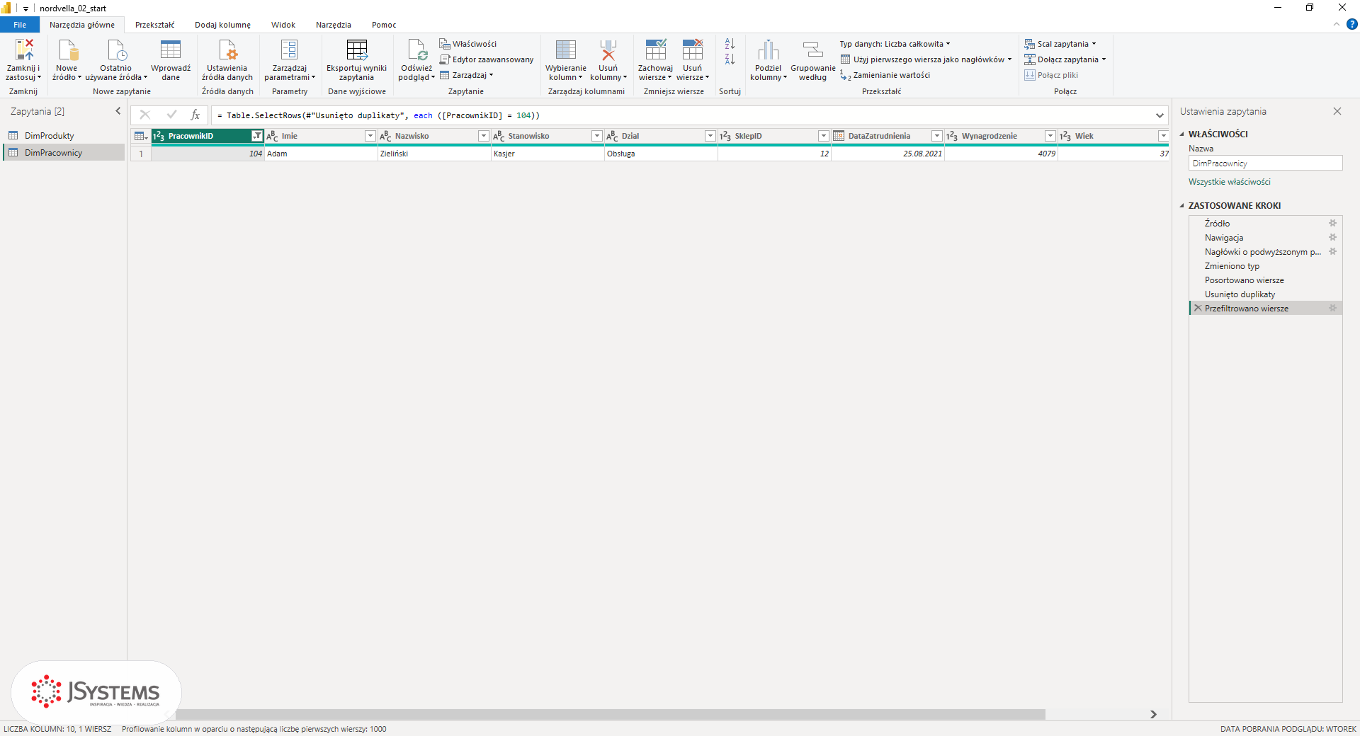 Wynik usunięcia duplikatów po samym sortowaniu: został stary wiersz pracownika, kurs Power BI