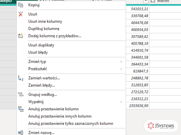 Menu kontekstowe z opcjami anulowania przestawienia kolumn w edytorze Power Query, kurs Power BI
