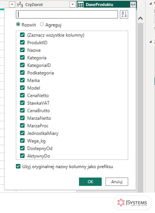 Panel rozwijania kolumny zagnieżdżonej w edytorze Power Query z listą kolumn wymiaru produktów, kurs Power BI