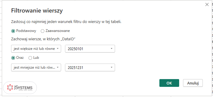 Okno Filtrowanie wierszy w Power Query: DataID większe lub równe 20250101 oraz mniejsze lub równe 20251231