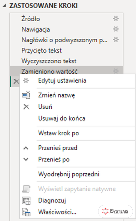 Menu kontekstowe kroku w panelu Zastosowane kroki edytora Power Query, kurs Power BI