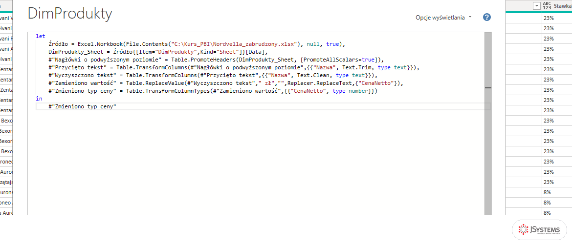 Edytor zaawansowany Power Query z kodem M zapytania DimProdukty, kurs Power BI
