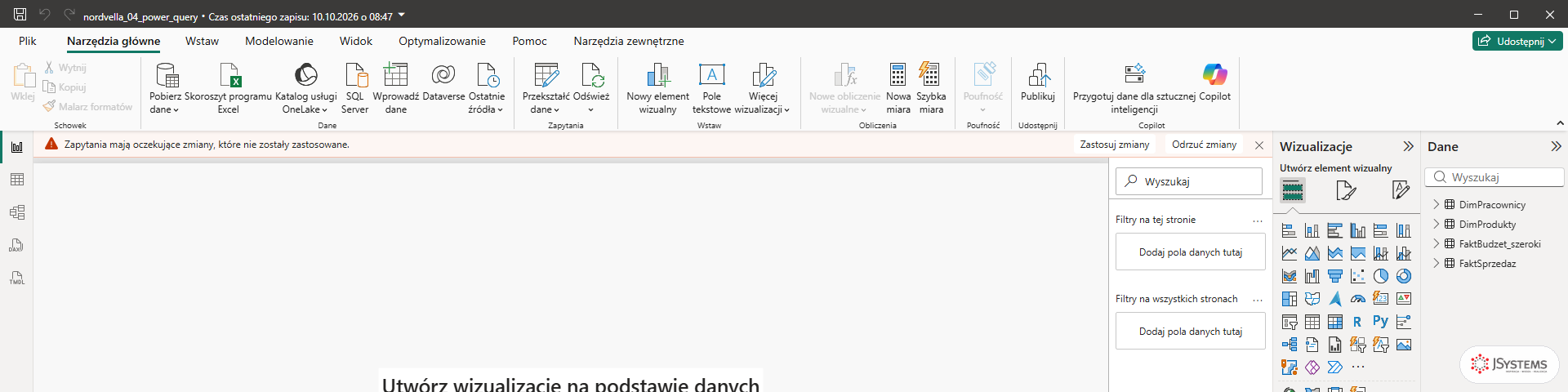 Power BI Desktop po zamknięciu Power Query: ostrzeżenie o oczekujących zmianach z przyciskami Zastosuj zmiany i Odrzuć zmiany, w panelu Dane tabele lekcji