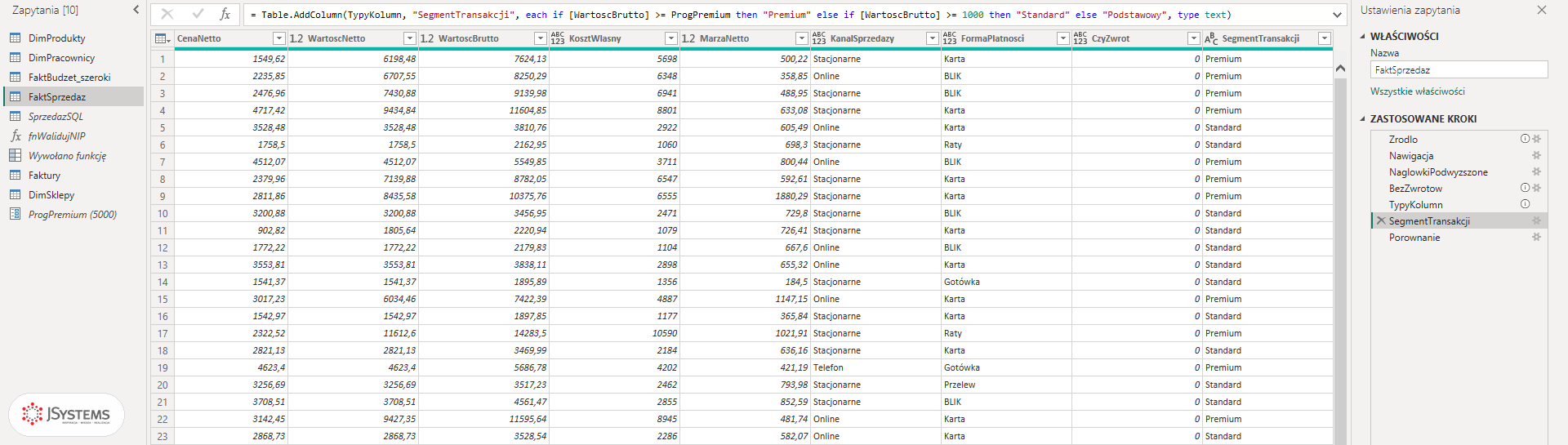 Edytor Power Query z parametrem ProgPremium: warunek w pasku formuły porównuje wartość brutto z parametrem, a nie ze stałą
