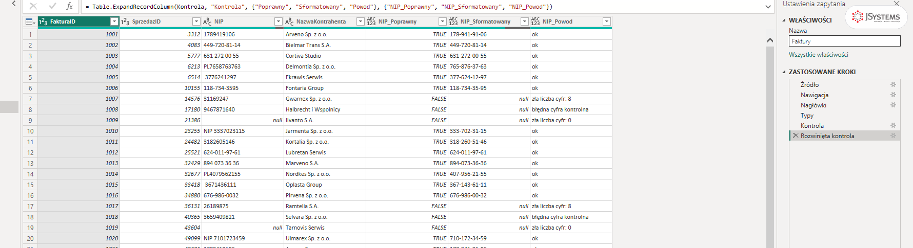 Zapytanie Faktury w Power Query: kolumna NIP w różnych zapisach obok NIP_Poprawny, NIP_Sformatowany i NIP_Powod