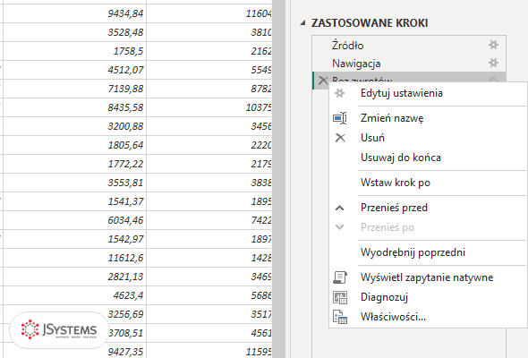 Menu kontekstowe kroku w Zastosowanych krokach z aktywną pozycją Wyświetl zapytanie natywne, czyli zwijanie do SQL działa