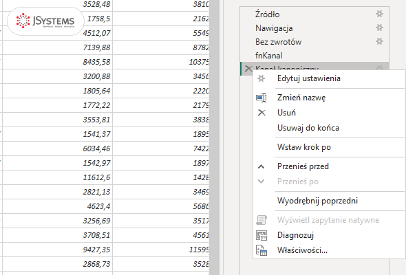 Menu kontekstowe kroku Kanał kanoniczny z wyszarzoną pozycją Wyświetl zapytanie natywne po przerwaniu zwijania
