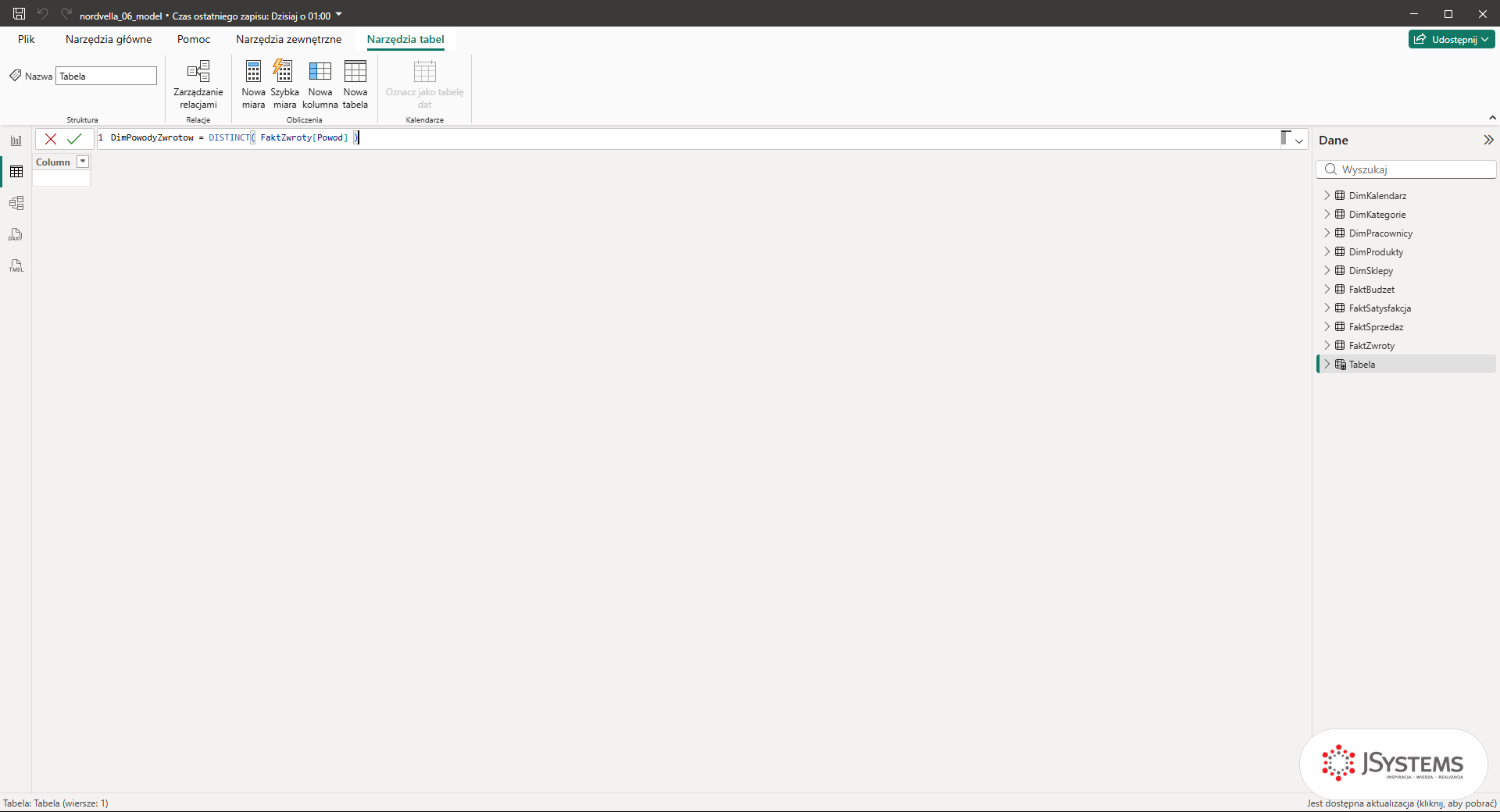 Power BI, widok Dane: karta Narzędzia tabel i pasek formuły z wyrażeniem DimPowodyZwrotow = DISTINCT przed zatwierdzeniem