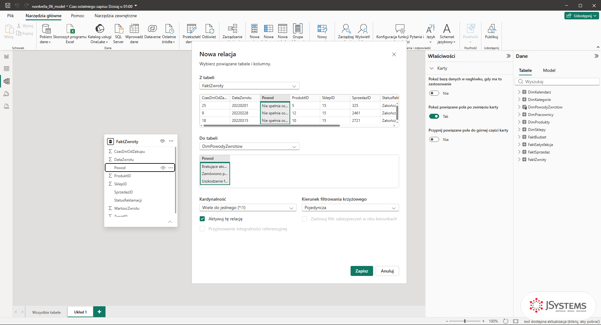 Okno Nowa relacja w Power BI: FaktZwroty do DimPowodyZwrotow po kolumnie Powod, Wiele do jednego (*:1), kierunek Pojedyncza