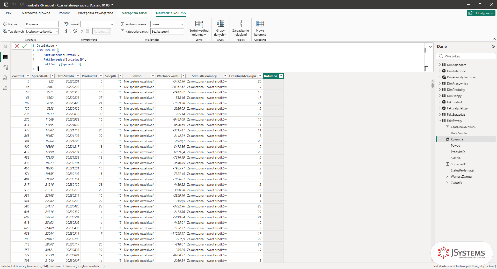 Power BI, widok Dane tabeli FaktZwroty: pasek formuły z kolumną DataZakupu = LOOKUPVALUE przed zatwierdzeniem