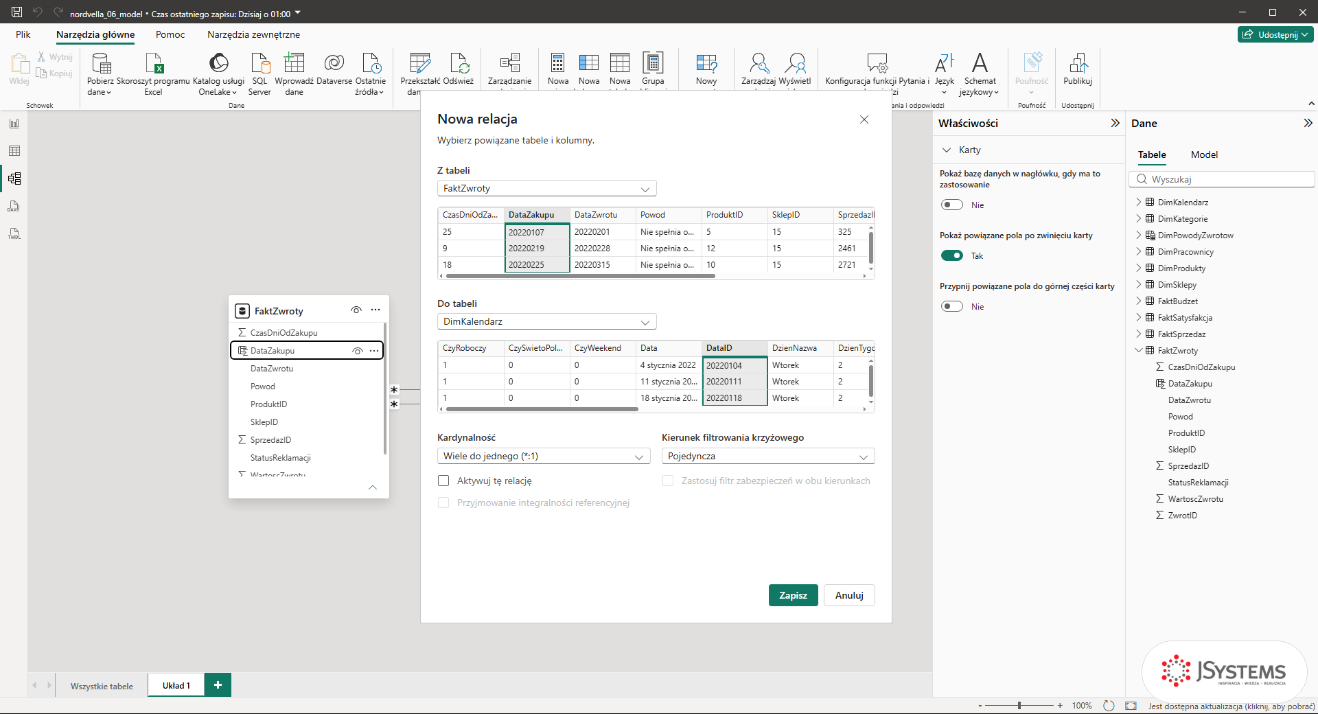Okno Nowa relacja w Power BI: FaktZwroty DataZakupu do DimKalendarz DataID z odznaczonym polem Aktywuj tę relację